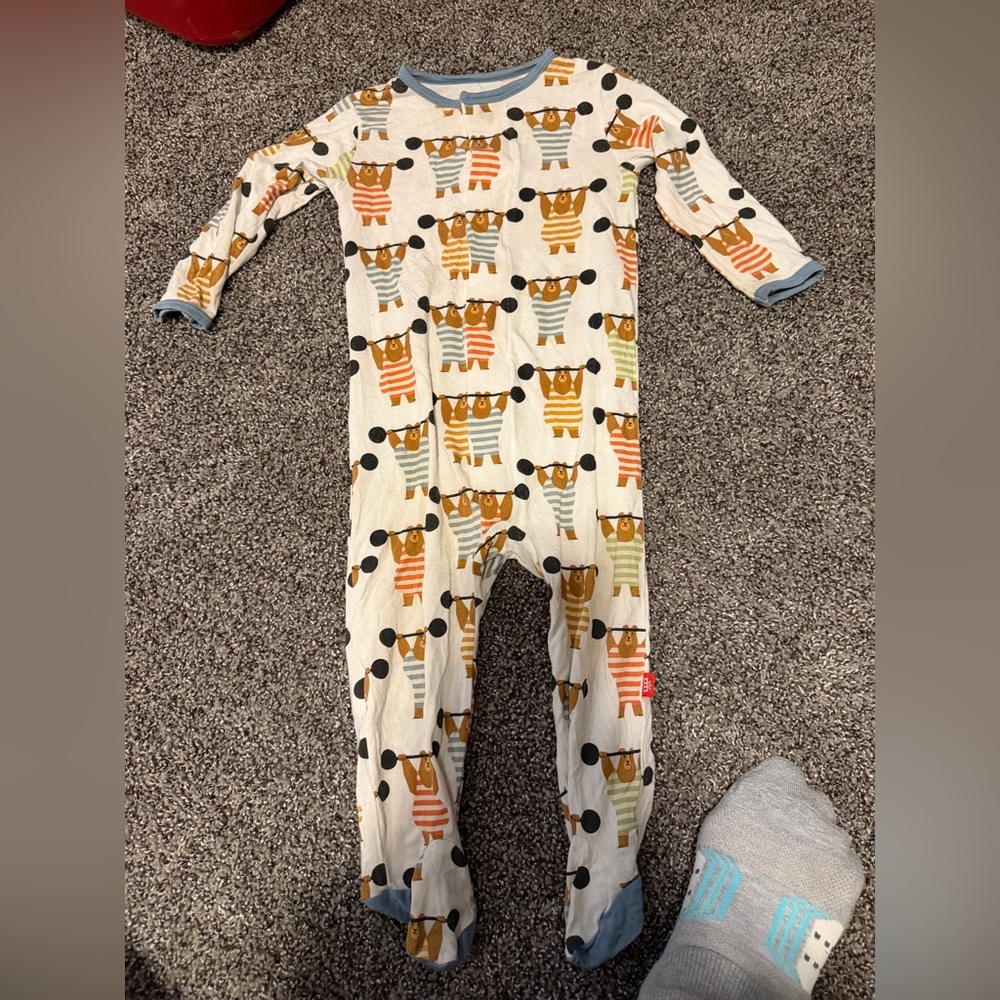 Magnetic Me Cream Footed Pajamas with Blue Trim and Multicolor Bear Print